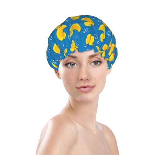 Rubber Ducks Shower Cap For Women Reusable Waterproof Double Layers Bath Cap Hair Protection Elastic Ladies Spa Salon Shower Hat - color: Yellow Rubber Duck