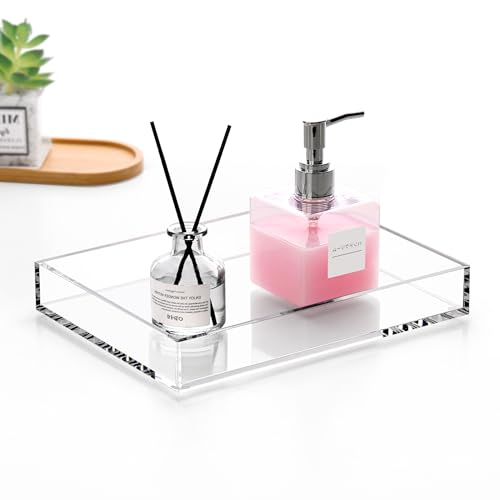 DINGHUO Acrylic Perfume Bathroom Vanity Counter Tray, Clear 9.45"x7.09"x1.38" Rectangle Countertop Organizer for Jewelry Candles Soap Makeup Toilet Tank Kitchen - 1 Pack
