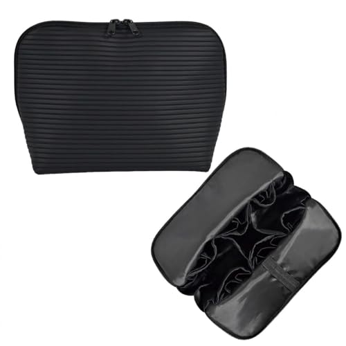 Travel Makeup Bag for Women, Waterproof Stand Up Cosmetic Bag with Brush Holders, Organizer Bag with Compartments, Fold-Down Design for Skincare, Toiletries & Essentials (Black, Large) - color: Black, size: Large