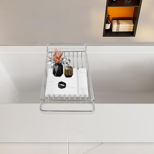 Stainless Steel Bathtub Tray with Removable Marble Board,Extendable Rectangular Bathtub Tray,Adjustable Bath Caddy Board for for Bath Bombs, Spa, Shower (Silver+White) - color: Silver+white