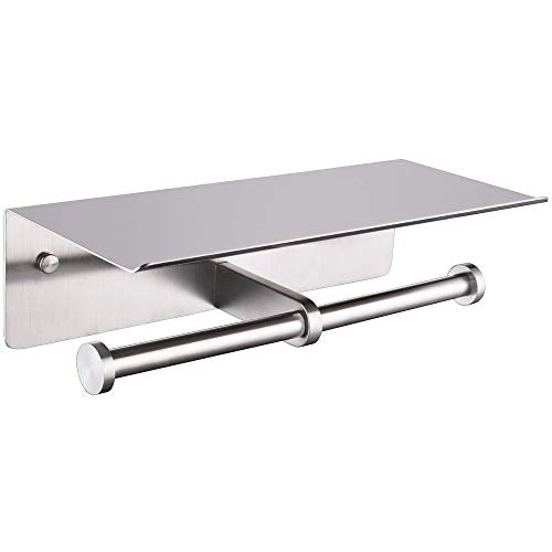 Double Toilet Paper Holder with Shelf Brushed Nickel, APLusee SUS 304 Stainless Steel Contemporary Tissue Roll Holder Mobile Phone Storage Rack - color: Brushed Nickel, size: Double Rod