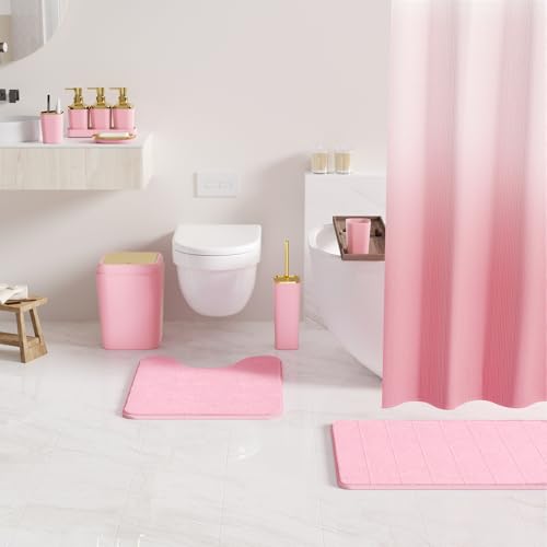 Bathroom Set - 26PC Bathroom Sets with Shower Curtain and Rugs, Bathroom Accessory Set, Pink Bathroom Set, Elegant Bathroom Accessories Set, Shower Curtain Set, Trash Can & Soap Dispensers - color: Light Pink & Gold, size: Bath Set+Shower Curtain+Bath Rug