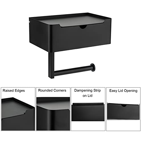 Matte Black Toilet Paper Holder Tissue Roll Hanger with Shelf Flushable Wipes Dispenser Storage Box Large Stainless Steel Bathroom Lavatory Hardware Wall Mount Adhesive