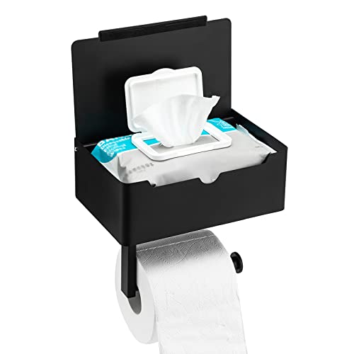 Matte Black Toilet Paper Holder Tissue Roll Hanger with Shelf Flushable Wipes Dispenser Storage Box Large Stainless Steel Bathroom Lavatory Hardware Wall Mount Adhesive