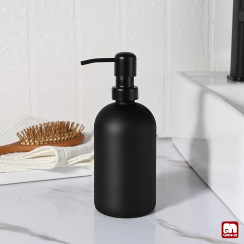 GMISUN Black Soap Dispenser, Dish/Hand Soap Dispenser with Matte Black Stainless Steel Pump, 15 fl oz/450ml Glass Soap Dispensers Set for Kitchen/Bathroom, Modern Refillable Liquid Lotion Dispenser - color: Black Bottle + Black Pump, size: 1 Pack - 15oz