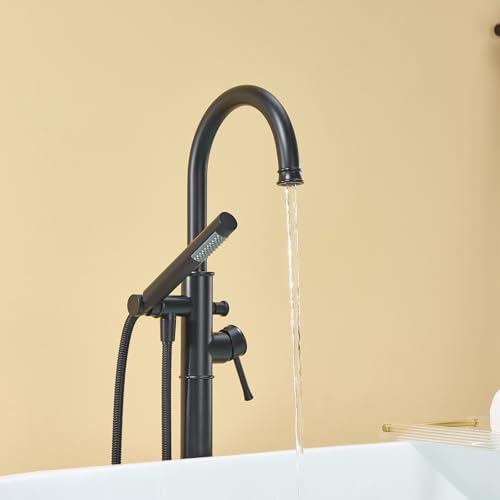 Wowkk Free Standing Tub Faucet Black Freestanding Bathtub Faucet Floor Mount Brass Bathroom Tub Filler with Hand Shower - color: Black, style: Modern