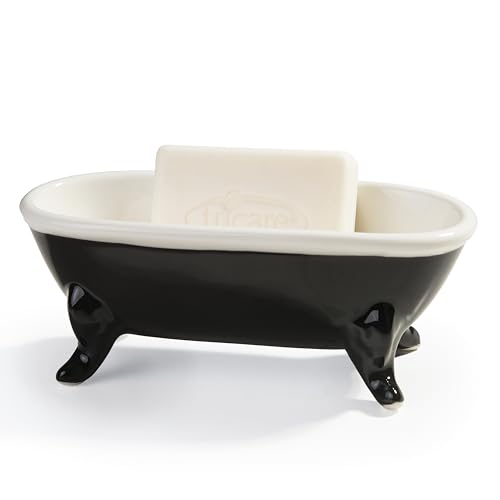 6.7" Ceramic Mini Clawfoot Bathtub Bar Soap Dish, Decorative Bar Soap Holder, Soap Tray Sponge Holder for Shower, Bathroom & Kitchen Sink (Black) - color: Black