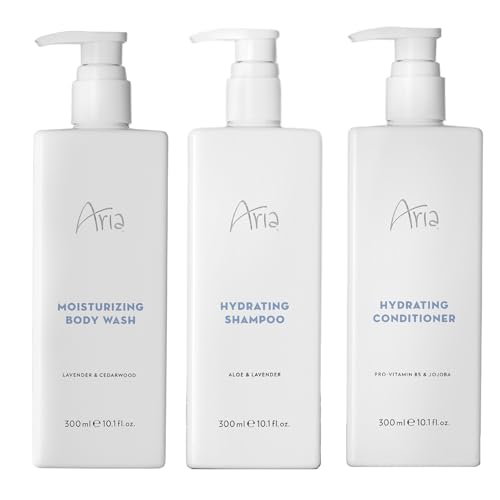 Aria Shower Set - Shampoo, Conditioner, Body Wash - Scented with Cedarwood, Green Mandarin, Lavender - Vegas Hotel Bath Amenities - 10 oz, White - size: 10 Fl Oz (Pack of 3)