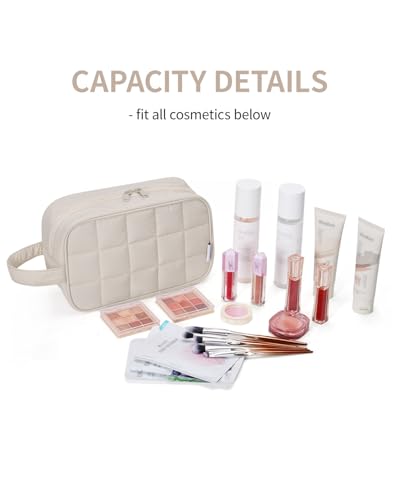 Narwey Quilted Makeup Bag Puffy Make up Bag Cosmetic Bag Organizer, Puffer Travel Toiletry Bag for Traveling Women Girl, Travel Bag for Toiletries, Skincare Medicine Bags (Beige) - color: Y-Beige