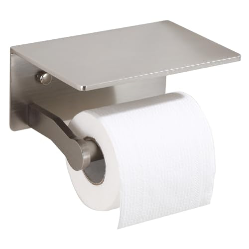 Toilet Paper Holder with Shelf, Adhesive or Screw Wall Mount Toilet Roll Holder for Bathroom, Rustproof Solid Aluminum Commercial Toilet Tissue Holder with Storage, Brushed Nickel - color: Brushed Nickel-1 Roll