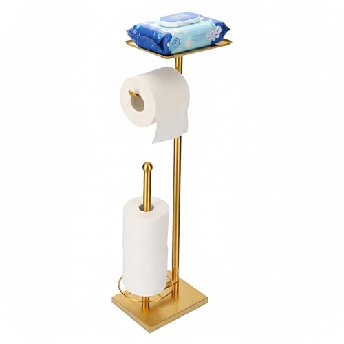 Gold Toilet Paper Holder with Shelf, Free Standing Toilet Paper Stand with Storage for Holding Extra 3 Rolls, Tissue Holder for Bathroom (Gold with Metal Base) - color: Gold With Metal Base