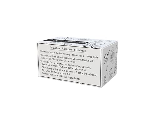 All Natural Set of Soap Bars, Rose, Lavender, Olive Oil with Wooden Soap Dish, Assortment of Natural Hand-Made Soaps, Made in Europe