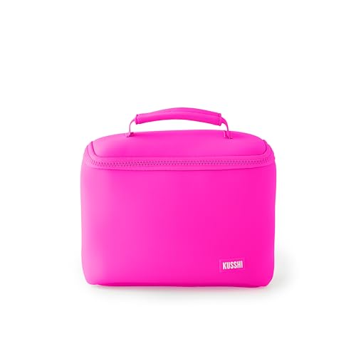 KUSSHI Neoprene Train Case Makeup Bag - Washable Makeup Travel Bag & Vanity Case for Stress Free Travel (Small, Pink/Indigo) - color: Pink/Indigo, size: Small