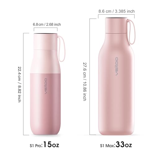 VSITOO S1 Pro 15oz Insulated Stainless Steel Self-Cleaning Water Bottle | Mini 15oz Insulated Bottle With Auto Self-Cleaning, App or Touchscreen Control, Temp Display, 30-Day Battery & 24H Cold - color: Pink, size: 15 Ounces