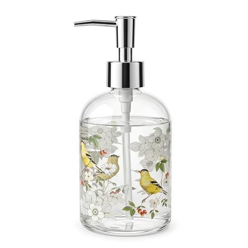 Topadorn 17oz Glass Soap Dispenser with Pump, Refillable Hand Soap Dispenser for Bathroom & Kitchen, Goldfinch Bird & Floral Decorative Soap Bottle, Farmhouse Countertop Decor - color: Bird