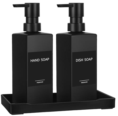 GMISUN Kitchen Soap Dispenser Set, Hand and Dish Soap Dispensers, 12 fl oz/350 ml Black Soap Dispenser with Tray, Glass Dish Dispenser for Kitchen, Liquid Hand Soap and Lotion Bottle Set for Bathroom - color: Black Bottle+black Pump+black Tray