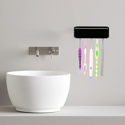 5 Slots Wall Mount Toothbrush Holder with Cover, Self Adhesive Toothbrush Storage Organizer for Shower, Toothbrush Hanger for Bathroom, Medicine Cabinet, Dorm (Black) - color: Black 1 Pack