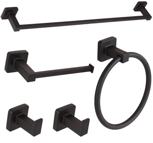 5 Pieces Black Bathroom Hardware Set,Wall Mounted 23.6 inch Towel Bar Set Matte Black,Towel Rack Set,Toilet Paper Holder,Matte Black Bathroom Accessories Set - color: Matte Black