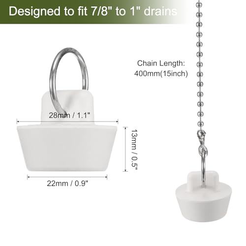 uxcell 2 Pcs Tub Stoppers, Rubber Bathtub Stoppers 7/8" to 1" Kitchen Sink Drain Stopper, Bathroom Drain Plug with Pull Ring and 15" Beaded Chain, White - size: 7/8"to 1"