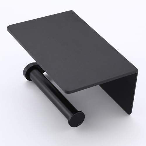 Toilet Paper Holder with Cell PhoneShelf - Toilet Tissue Holder with Wipes Storage, Wall Mounted by Adhesive Tape or Screw - Matte Black - color: Black-1 Roll