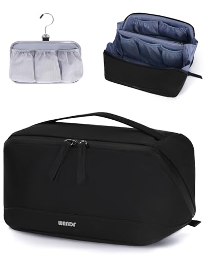 WANDF PU Leather Toiletry Bag for Men, Dopp Kit with Hanging Pouch | Water-Resistant Fabric, Travel Bag for Toiletries, Compact Storage, Shaving Accessories, Weekend Trips - color: Medium Plus, Black, size: Medium Plus