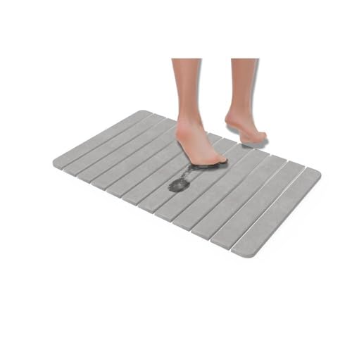 Pemberly Row Quick-Dry Diatomite Stone Bath Mat, 34x21 in, Gray, Slatted Design, Highly Absorbent, Fast-Drying for Bathroom, Non-Slip, Easy Care, Large Rollable Mat