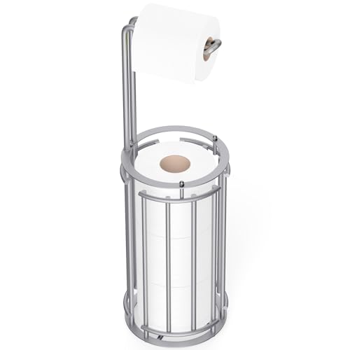 Meangood Toilet Paper Holder Stand and Tissue Paper Roll Dispenser for 4 Mega Rolls, Bathroom Free Standing Tissue Roll Storage Holder Rack, Detachable (Matte Silver) - color: Matte Silver