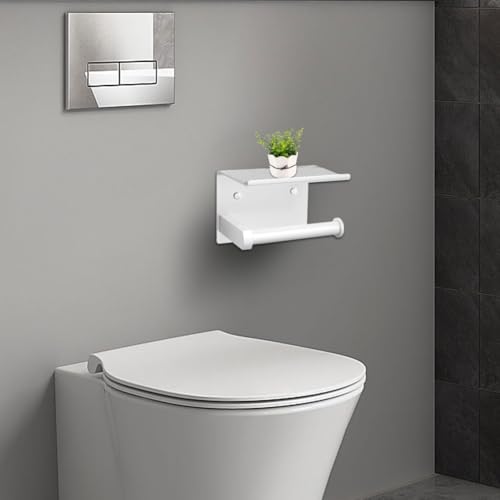 Self Adhesive Toilet Paper Holder with Phone Shelf Stainless Steel Wall Mounted Toilet Paper Roll Holder - Rustproof and Bathroom Washroom Tissue Roll Holder with Storage Shelf -White - color: White