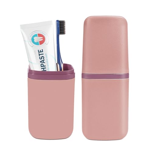 COMNICO Travel Toothbrush Cup Case Portable PP Seal Tooth Brush Holders Cover Multi-Function Toothpaste Storage Container Cup for Home School Camping Business Trip Bathroom (Pink) - color: Pink