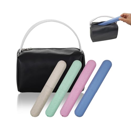 4 Pack Portable Toothbrush Cases, Breathable Plastic Holders and Leather Travel Toiletry Bags, Organizers for Home, Business, Camping（black）