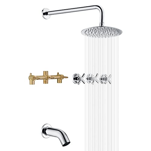 SUMERAIN 3 Handle Shower and Tub Faucet Set, Chrome | Wall Mounted, Waterfall Tub Spout, 8" Rain Shower Head, Brass Rough-in Valve, Cross Handle - color: Chrome
