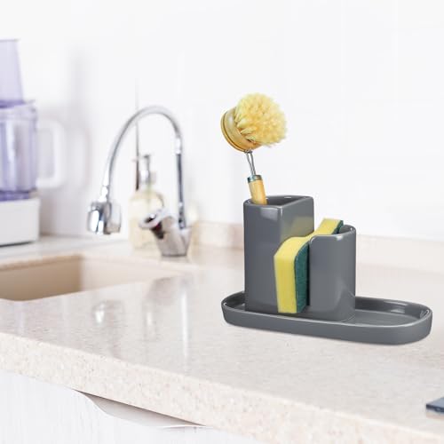 Geelin 3 in 1 Ceramic Kitchen Sink Caddy Dish Sponge Holder Scrub Brush Holder and Soap Tray for Kitchen Organizer Rustic Farmhouse Supplies (Gray) - color: Gray