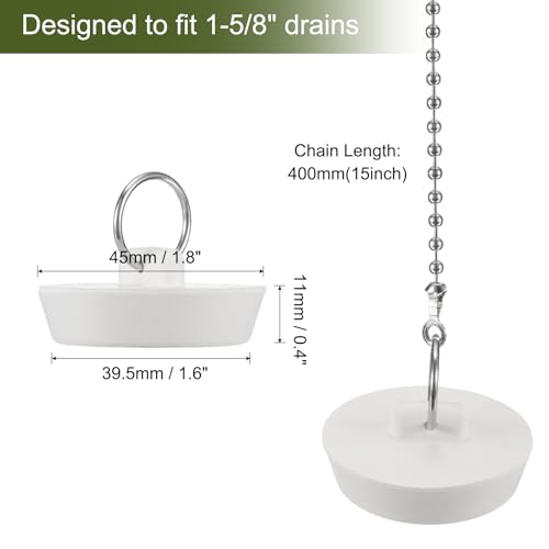 uxcell 2 Pcs Tub Stoppers, Rubber Bathtub Stoppers 1-5/8" Kitchen Sink Drain Stopper, Bathroom Drain Plug with Pull Ring and 15" Beaded Chain, White - size: 1-5/8"