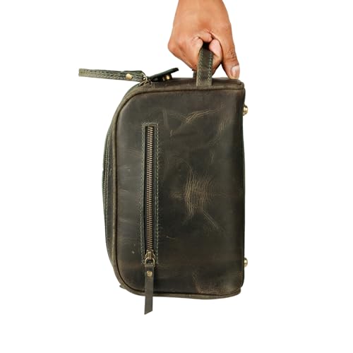 KomalC Leather Toiletry Bag for Men & Women – Handcrafted Travel Grooming Kit with Water-Resistant Lining and Secure Zipper Closure - style: 1 Zip Classic Dark Green