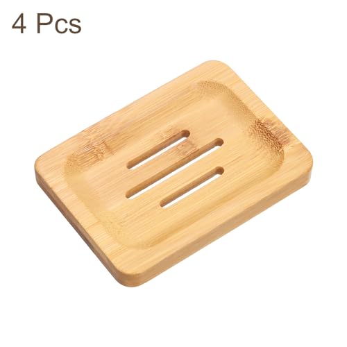 uxcell Wooden Soap Dish, Natural Bamboo Soap Tray Self Draining Soap Holder Saver for Bathroom, Bathtub, Kitchen Sink, 4Pcs