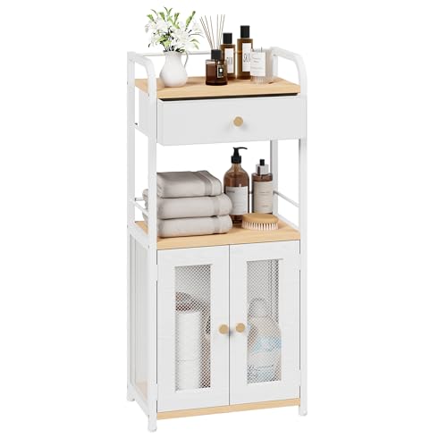 SWTYMIKI 14.57"x32.28" Bathroom Storage Cabinet – Freestanding Storage Cabinet with Doors and Drawer, Bathroom Organizers and Storage for Small Spaces – Ideal for Towels and Toiletries, Natural - color: Natural