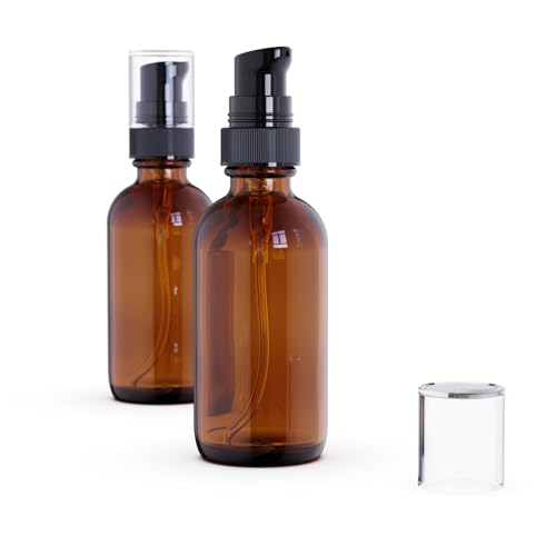 12Pack 60ml Amber Glass Pump Bottle with Black Top,2oz Small Dispenser, Travel Size Refillable Botttles for Lotions,Sercums,Essential Oils - color: 2oz Amber(12pcs)