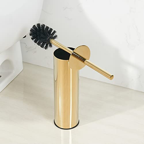 Toilet Brush and Holder Set Gold Stainless Steel, 304 Heavy Duty Round Toilet Brush Set – Rust Resistant, Long Handle, Replacement Heads, Floor Standing Bathroom Toilet Cleaning Brush - color: Gold-round