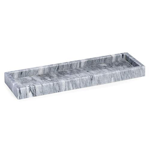 Bey-Berk Marble Bath Tray in Cloud Grey, 14.25" Slim Vanity Organizer, Serene Stone Accent - color: Gray