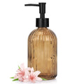 1 Pack 13.5oz Glass Soap Dispenser with Plastic Pump, Vertical Stripe Design Refillable Hand Soap Dispenser for Hand Wash - color: Dark Brown