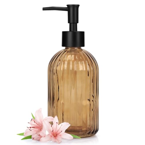 1 Pack 13.5oz Glass Soap Dispenser with Plastic Pump, Vertical Stripe Design Refillable Hand Soap Dispenser for Hand Wash - color: Dark Brown