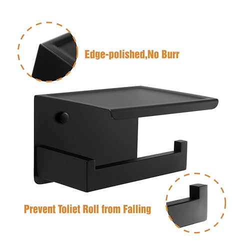 HITSLAM Toilet Paper Holder with Shelf, Stick on Matte Black Toilet Paper Roll Holder, Self Adhesive or Wall-Mount with Screws for Bathroom,Washroom - color: Black, size: Medium