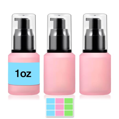3PCS 30ML/1OZ Empty Pink Frosted Glass Bottles with Pump Refillable Vial Cosmetic Dispenser Jars Storage Travel Lotion Container Portable Sample Bottle for Toiletries,Foundation,Cream,Gel,Lotion - color: Pink, size: 1 Ounce
