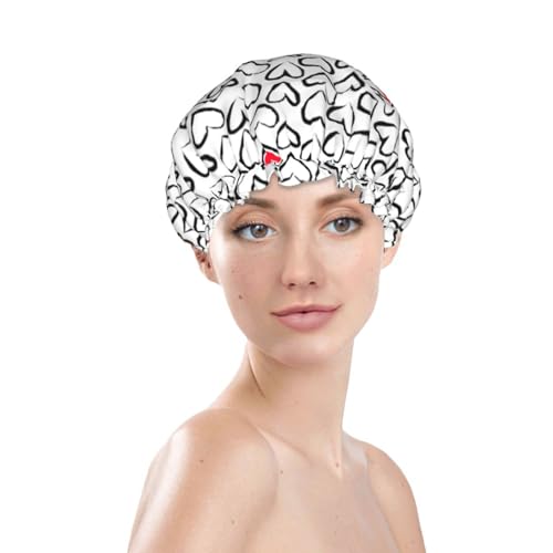 Love Hearts Shower Cap For Women Reusable Waterproof Double Layers Bath Cap Hair Protection Elastic Ladies Spa Salon Shower Hat - color: Love Hearts