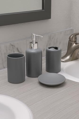 WPM 4 Piece Ceramic Bathroom Accessories Set - Silver Grey- Our Complete Bath Decor Kit Includes Designer Soap or Lotion Dispenser - Toothbrush Holder - Tumbler - Soap Dish (Silver Grey) - color: Silver Grey