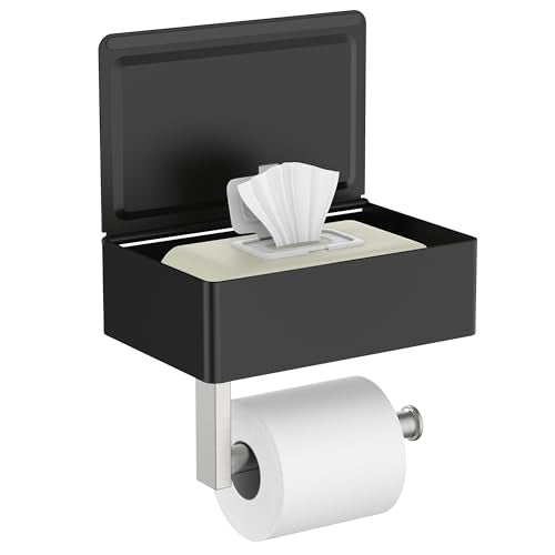 FORIOUS Toilet Paper Holder with Shelf, Sanitary Napkin Receptacle Tampon Holder, Wall Mount Toilet Paper Holder with Storage, Flushable Wipes Dispenser Fits for Bathroom Commercial Black & Nickel - color: Black & Brushed Nickel, size: 1 Pack-8" (L)