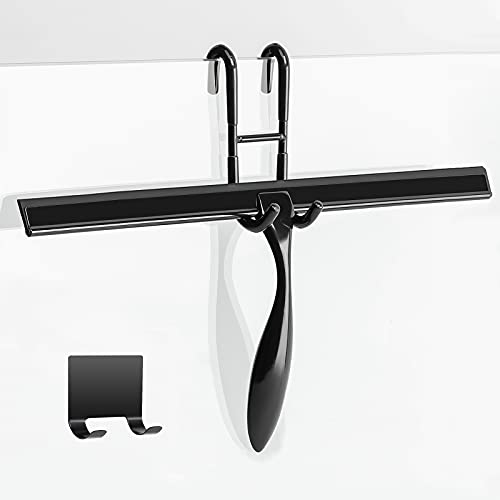 Simtive 14-Inch Shower Squeegee Set, Includes Shower Door Hook and Adhesive Hook, Squeegee for Shower Doors, Mirror and Window, Black - color: Black, size: 14-Inch