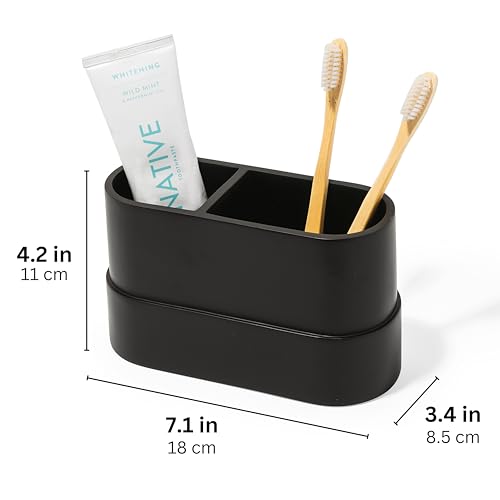Matte Black Large Toothbrush and Toothpaste Holder and Cup for Bathroom Vanity and Countertop, 2 Compartment Organizer for Electric Toothbrushes, Floss, Razors, Cotton, and Mouthwash - YEW DESIGN - color: Large Round Matte Black