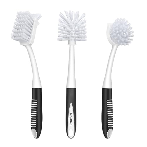 SetSail Dish Brush Set of 3 with Bottle Brush, Dish Scrub Brush with Long Handle Deep Cleaning Handle Brush with Scraper Tip for Kitchen Sink Dishes Bottle Cup Pot and Pans Tile Lines, Black - color: Black