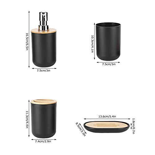 Set of 4 Complete Bathroom Accessories, Bathroom Set with Toothbrush Holder, Dish, Lotion Dispenser and Cup, in Plastic + Bamboo(Black) - color: Black